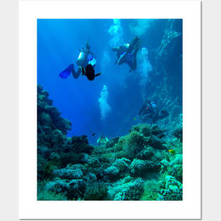 Coral reef and scuba divers Posters and Art